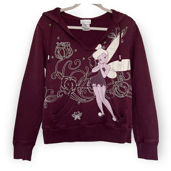 DISNEYLAND Vintage Tinker bell Hooded Sweatshirt Embroidered Skulls Purple SMALL - Picture 2 of 11